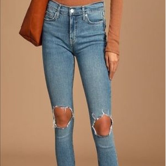 Distressed FREE PEOPLE Anthropologie High Rise Busted‎ Knee Skinny Jeans Size 28 - Picture 2 of 7